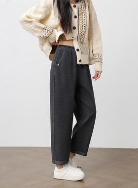 秋冬新款小个子灰色九分毛呢奶奶裤女高腰宽松阔腿加厚休闲萝卜裤