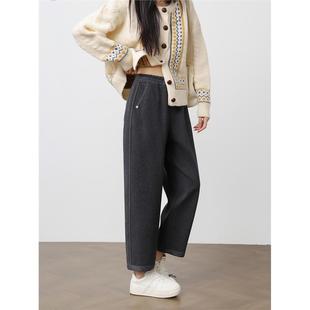 女高腰宽松阔腿加厚休闲萝卜裤 秋冬新款 小个子灰色九分毛呢奶奶裤