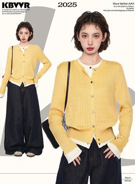 黄色假两件针织开衫女春秋冬季正肩短款内搭打底毛衣外套长袖上衣