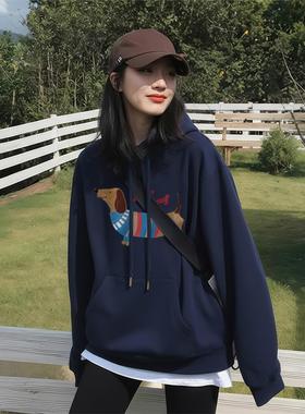 加绒连帽卫衣女2025秋冬新款加厚藏蓝色巨好看长袖上衣宽松慵懒风