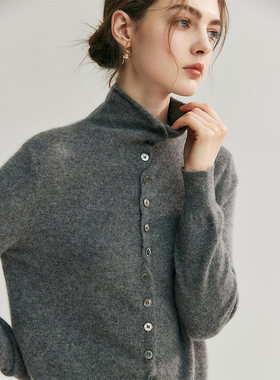 法式复古灰色卷边高领毛衣开衫女秋冬慵懒风针织外套打底内搭上衣