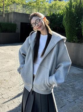 灰色卫衣外套女2025新款秋冬加绒加厚拉炼开衫韩系宽松连帽上衣女