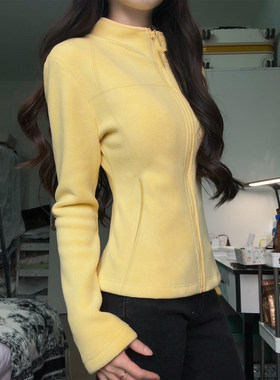 黄色修身摇粒绒外套女冬季抓绒冲锋衣内胆立领内搭加绒厚保暖卫衣