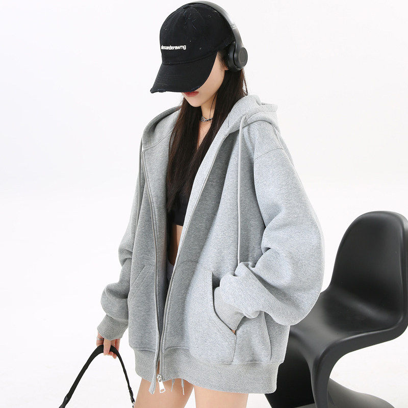 加绒卫衣女款慵懒风2025新款宽松外套灰色拉链开衫上衣秋冬季加厚