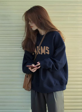藏蓝色圆领卫衣女加绒加厚2025新款秋冬季宽松慵懒风韩系无帽上衣