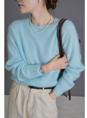 高级感蓝色圆领羊毛衫女拉绒毛衣秋冬宽松针织打底衫山羊绒衫上衣