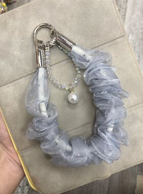 新款纱质大肠圈女神丝巾绳 手机链带钻+珍珠挂饰手机挂绳丝巾爆款