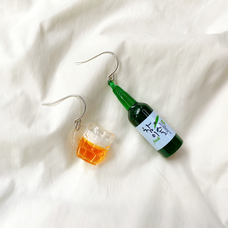 迷你韩国啤酒瓶酒杯925纯银耳钩小清新文艺范仿真饮料手工耳环潮