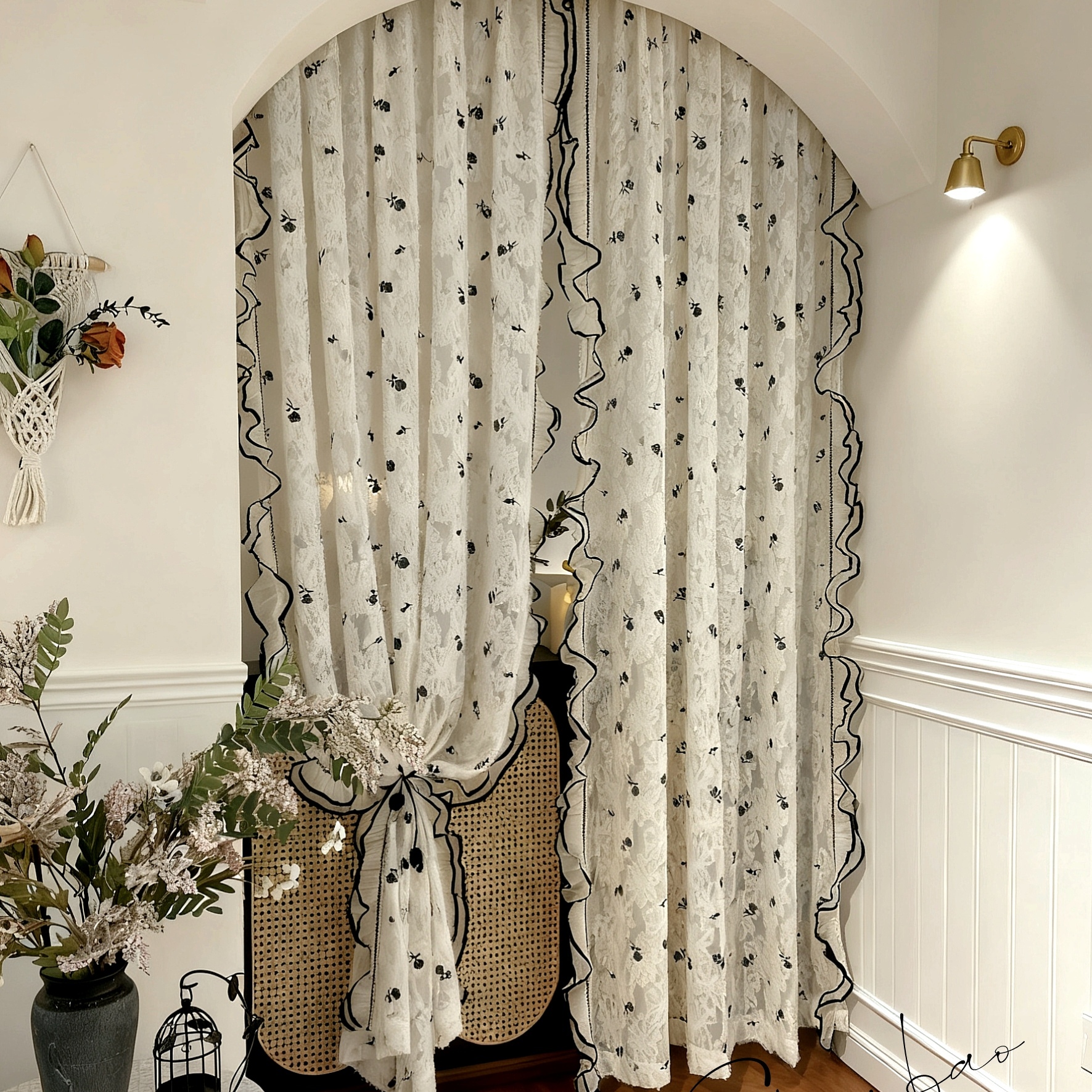 2025小香风高档法式拱形门帘隔断帘免打孔美容院帘复古氛围感纱帘