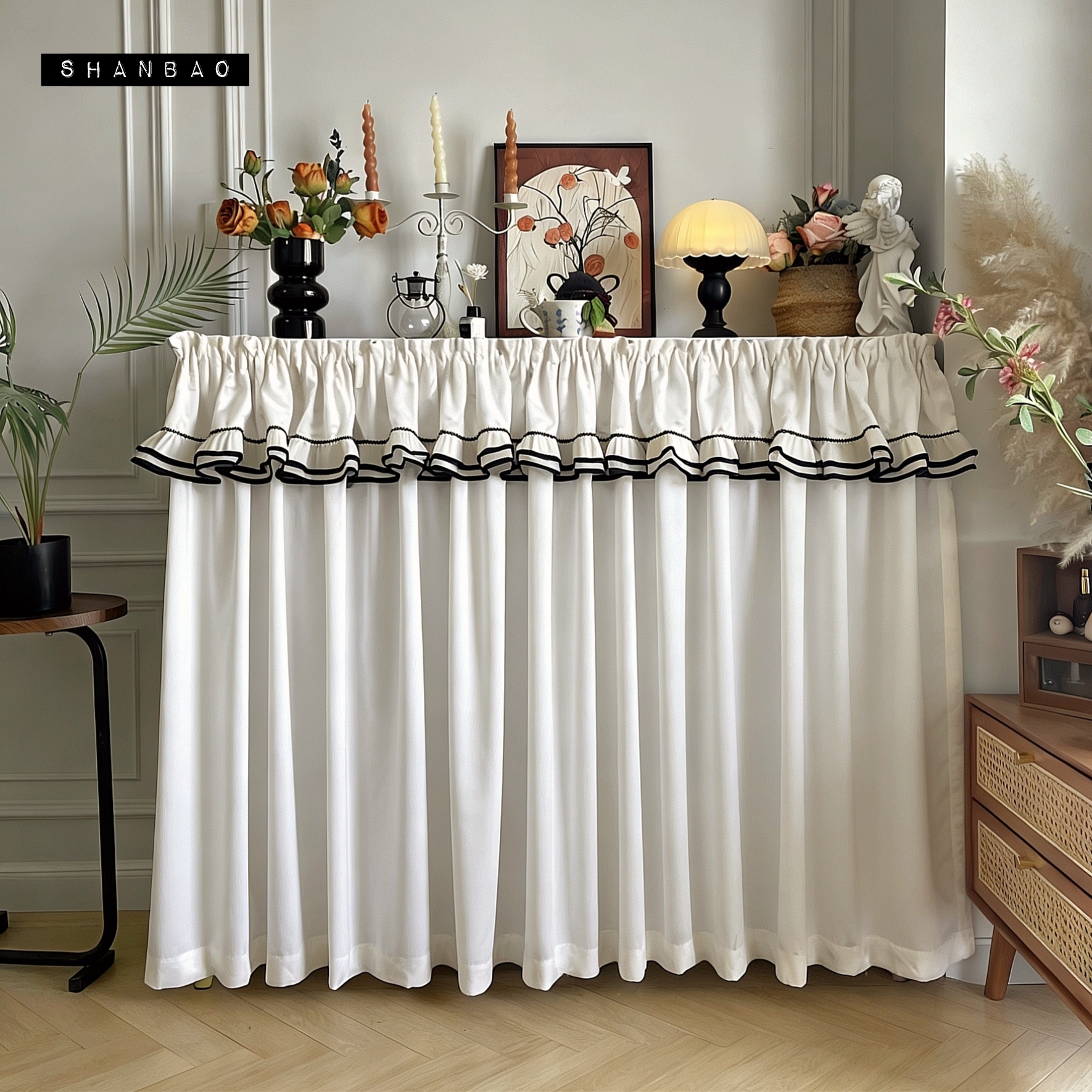 新中古风开放式柜子遮挡帘杂物间书柜布门帘隔断法式门帘免打孔纱