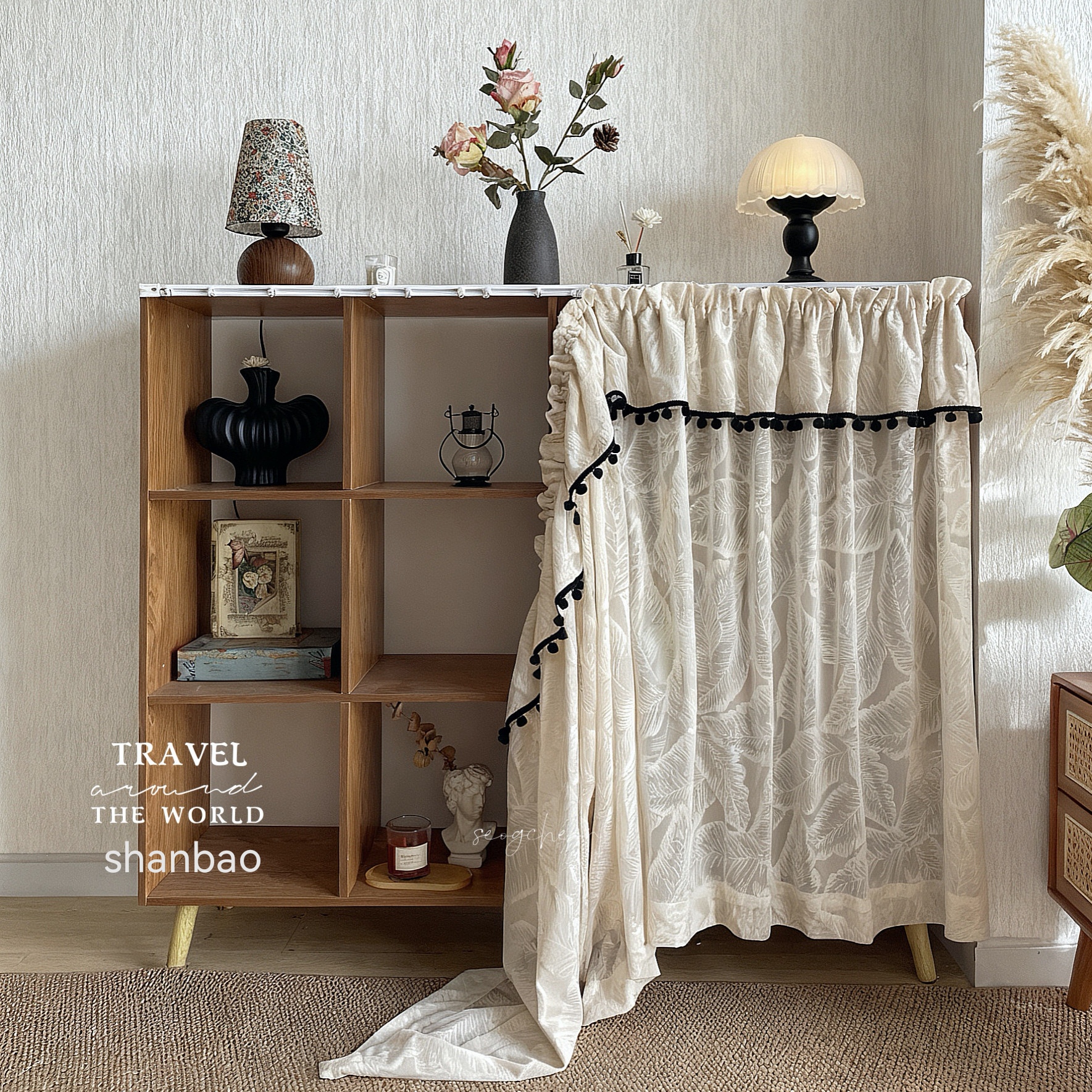家大叶大法式柜子粘轨遮挡帘杂物间无门衣柜置物架免打孔遮丑布帘