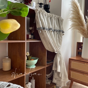 奶咖色轻法式柜子滑轨遮挡帘衣帽间书架置物架杂物免打孔遮丑布帘