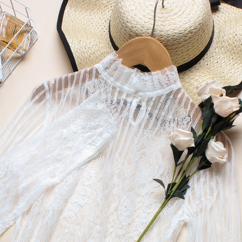 黑色蕾丝罩衫打底衫女修身网纱半高紧身雷丝上衣内搭蕾丝半截立领