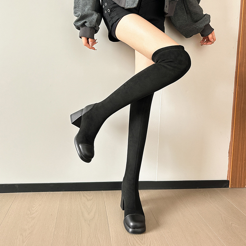 新款真皮粗跟防水台羊筋绒过膝长靴四面弹力不掉筒瘦瘦靴女