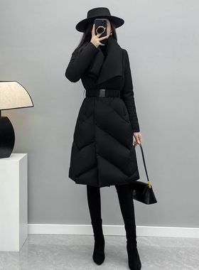2025冬季新款黑色修身过膝中长款羽绒服女小个子收腰显瘦羽绒外套