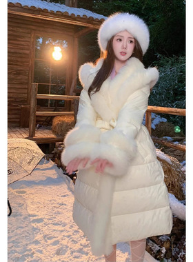 【现货】2025年秋冬季洋气时尚白色毛领收腰中长款小香风羽绒棉服