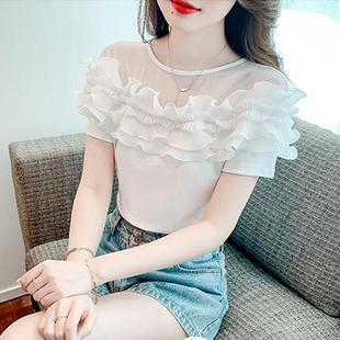 2024夏季新款设计感网纱拼接圆领短袖t恤女荷叶边修身套头上衣潮