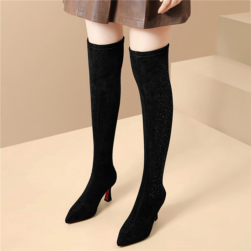 现货冬季弹力布长靴加绒奢华烫钻尖头细跟时尚长筒高跟靴新款棉鞋