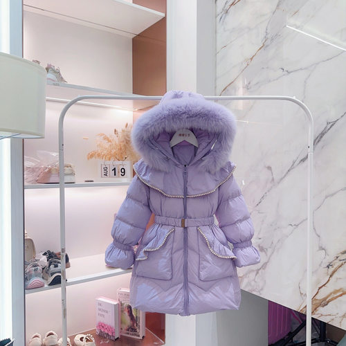 2025女童中长款羽绒棉服连帽大毛领休闲棉衣小女孩棉袄外套宝宝潮