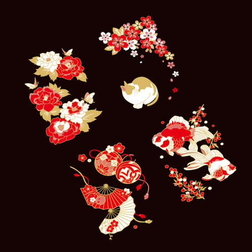 樱花牡丹折扇金鱼手机手帐彩绘贴纸钓鱼鱼竿贴日本风格贴纸 1911