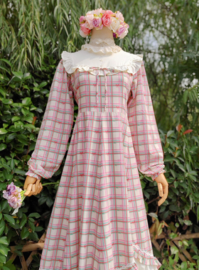 兔子大人｜手作服 vintage韩国进口蝴蝶结格子面料鱼尾裙连衣裙