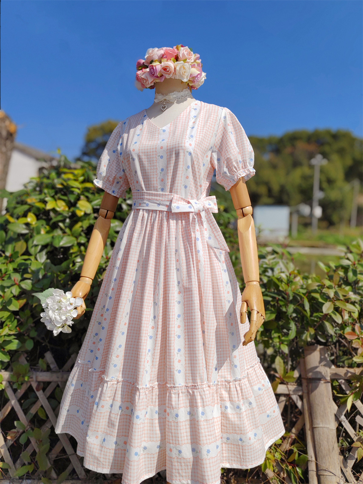 兔子大人|手作服 vintage日系可爱风咖粉格子小花高腰短袖连衣裙