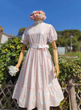 兔子大人｜手作服 vintage日系可爱风咖粉格子小花高腰短袖连衣裙