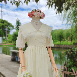 兔子大人｜手作服 vintage古著風(fēng)淡黃色海軍領(lǐng)100支純苧麻連衣裙