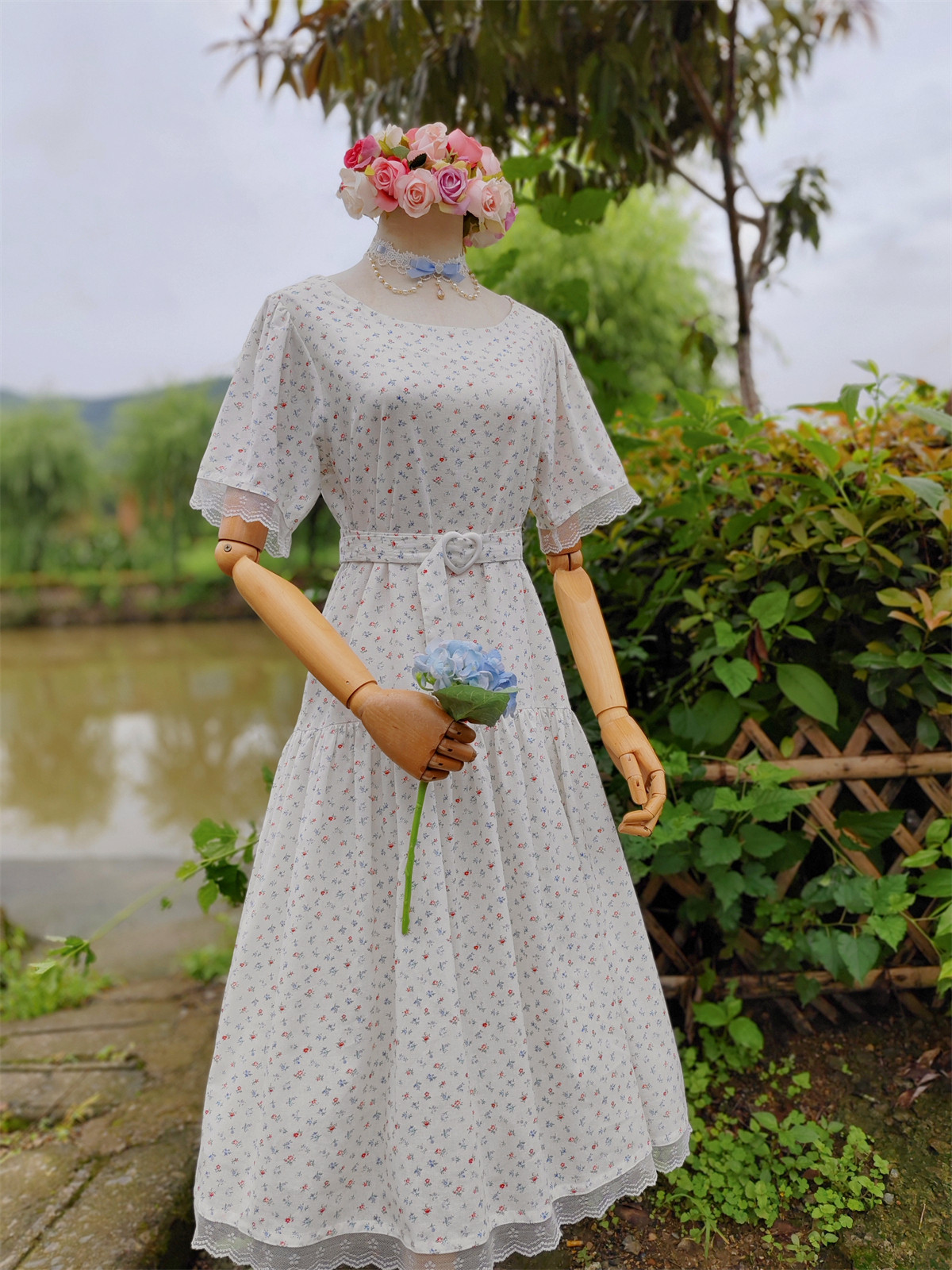 兔子大人｜手作服 vintage甜美低腰短袖爱心腰带苎麻宽松连衣裙