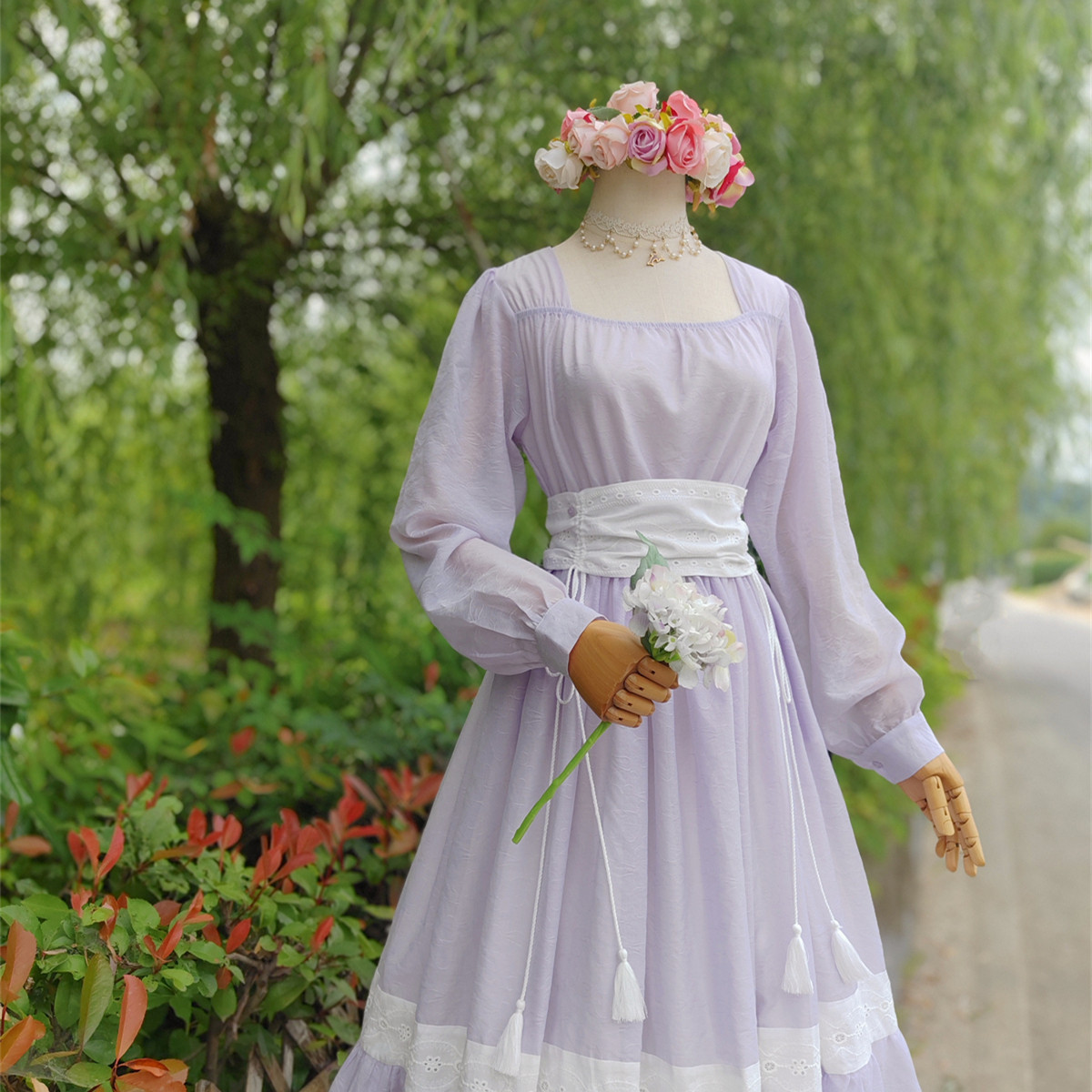 兔子大人|手作服 1950s复古蓝色天丝提花方领长袖腰封束腰连衣裙