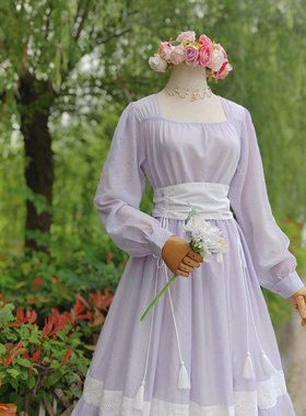 兔子大人｜手作服 1950s复古蓝色天丝提花方领长袖腰封束腰连衣裙