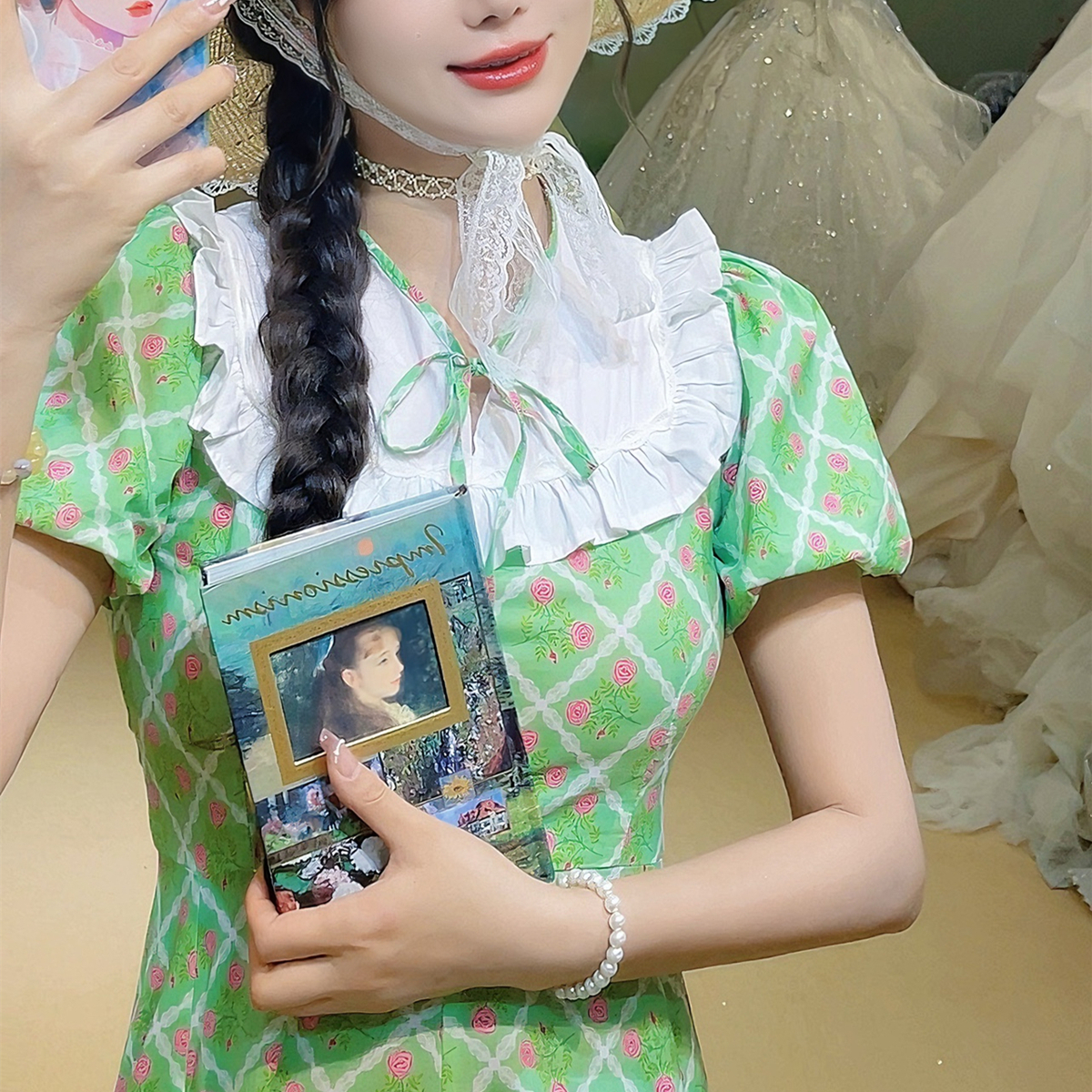 兔子大人｜手作服 vintage复古绿色玫瑰格子甜美鱼尾裙摆连衣裙