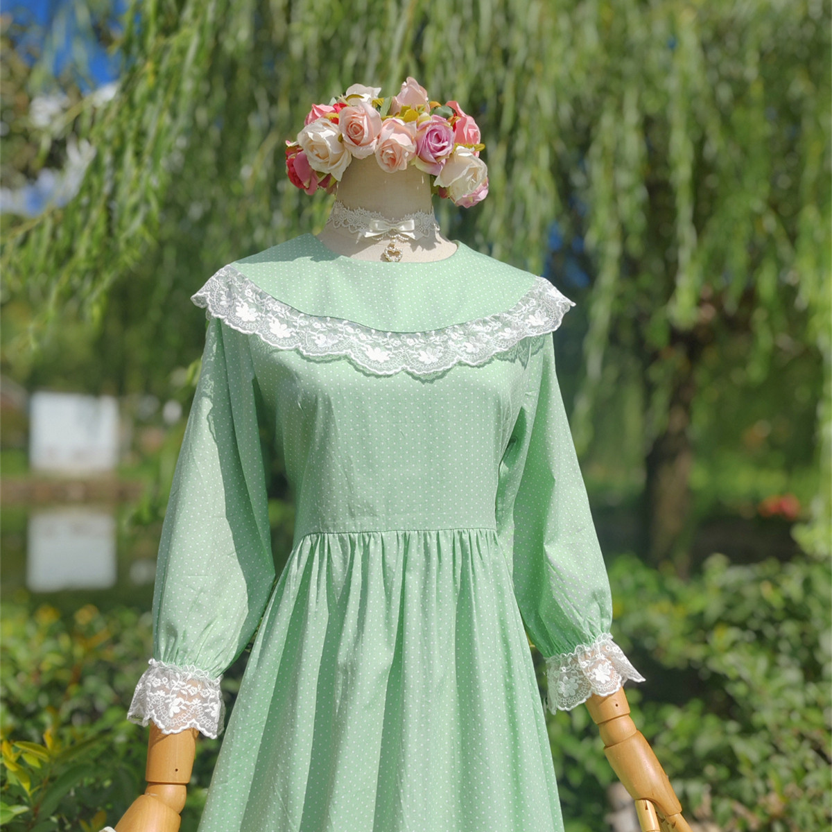 兔子大人｜手作服 vintage古着餐盘领元气绿色波点中袖纯棉连衣裙