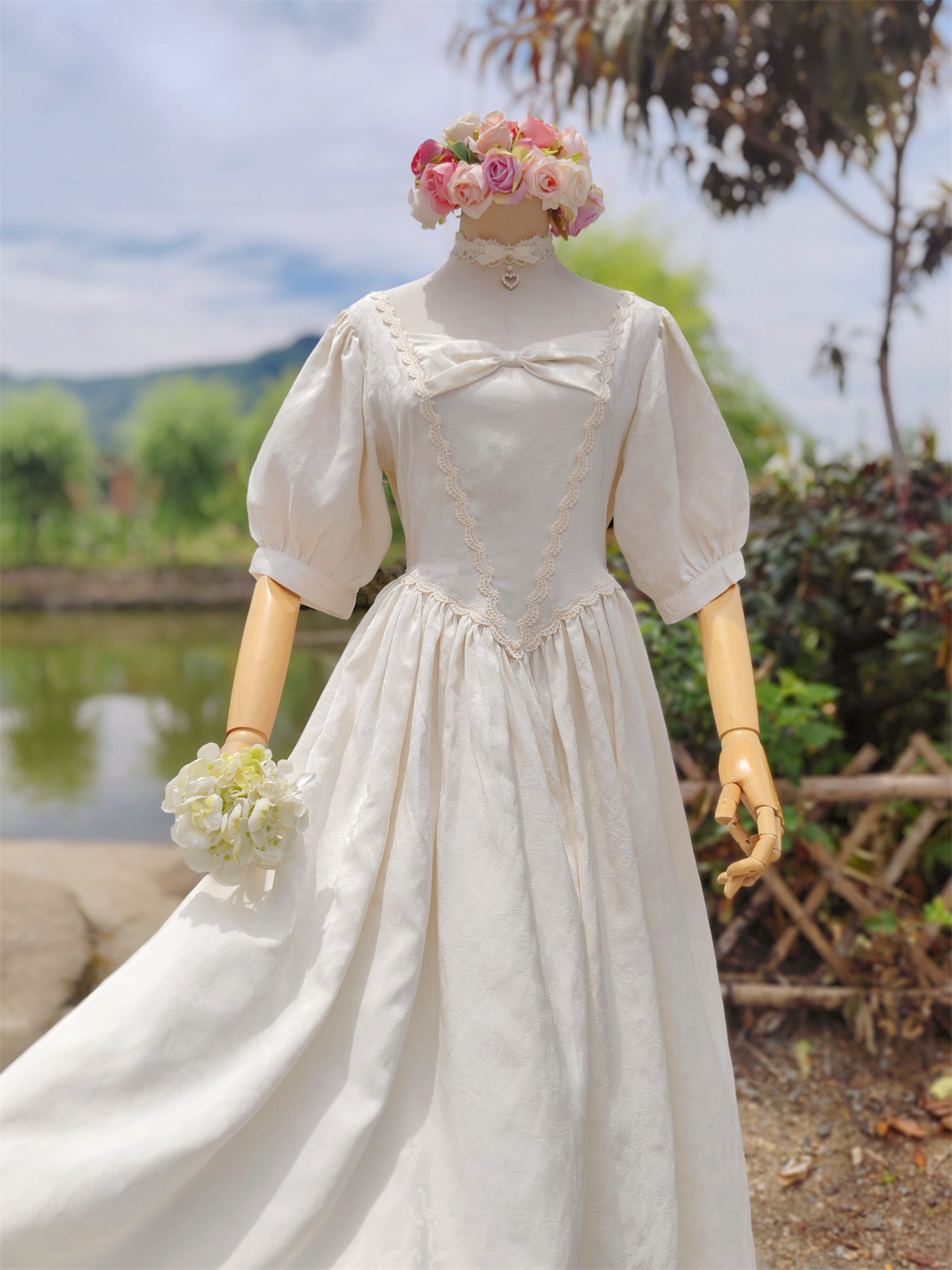 兔子大人|手作服 vintage美式古董洋装浪漫蝴蝶结暗纹提花连衣裙