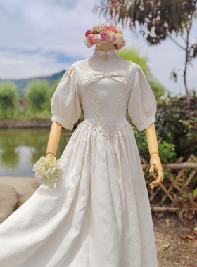 兔子大人｜手作服 vintage美式古董洋装浪漫蝴蝶结暗纹提花连衣裙