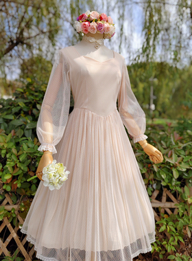 兔子大人｜手作服 vintage日系古董点纱复古cla风蕾丝长袖连衣裙