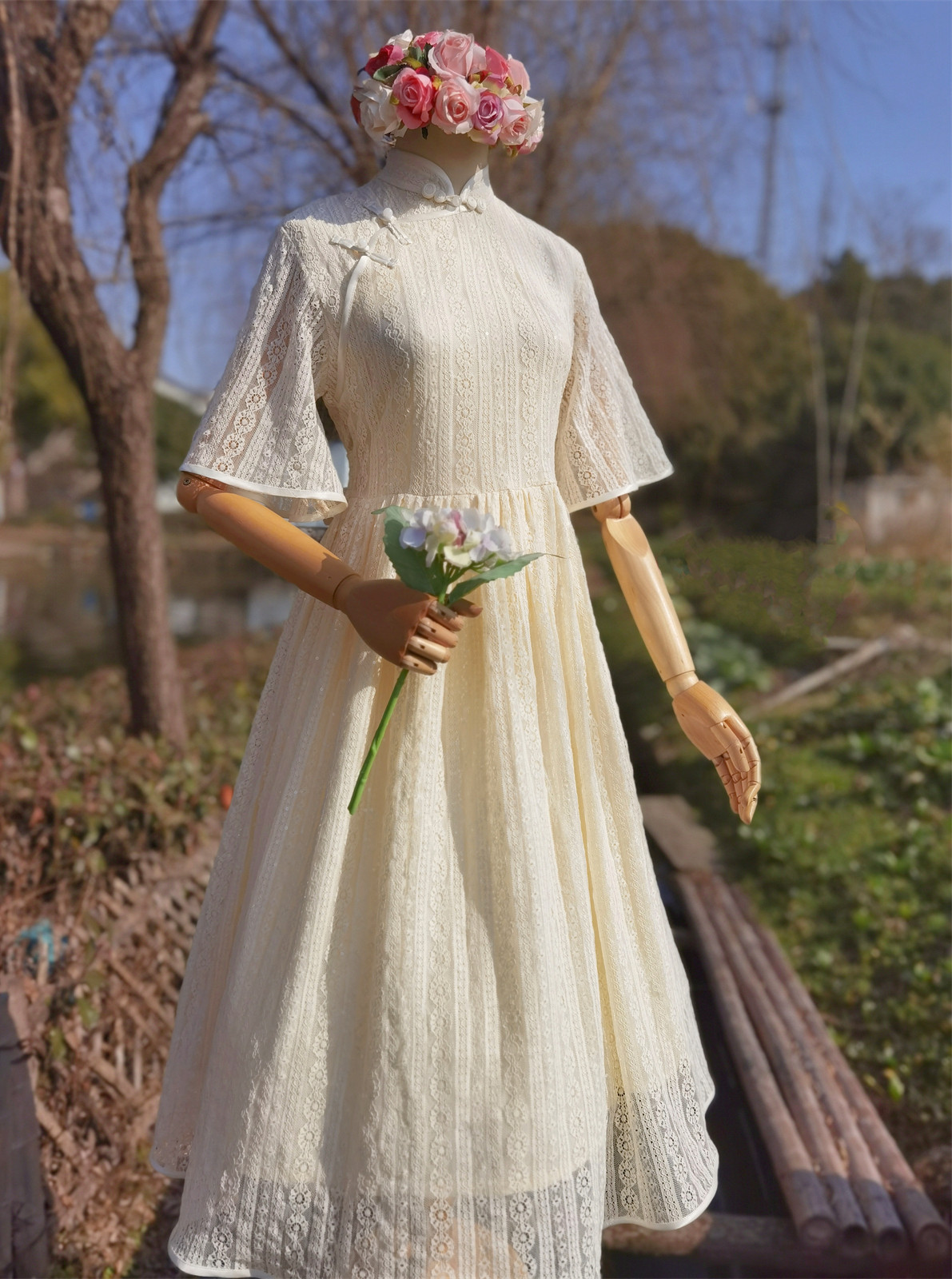手作服新中式绣花蕾丝旗袍裙