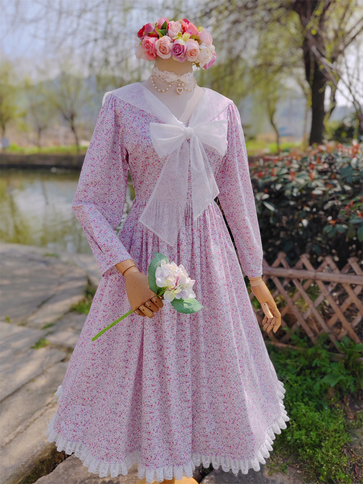 手作服蕾丝绑带领复古纯棉大摆裙