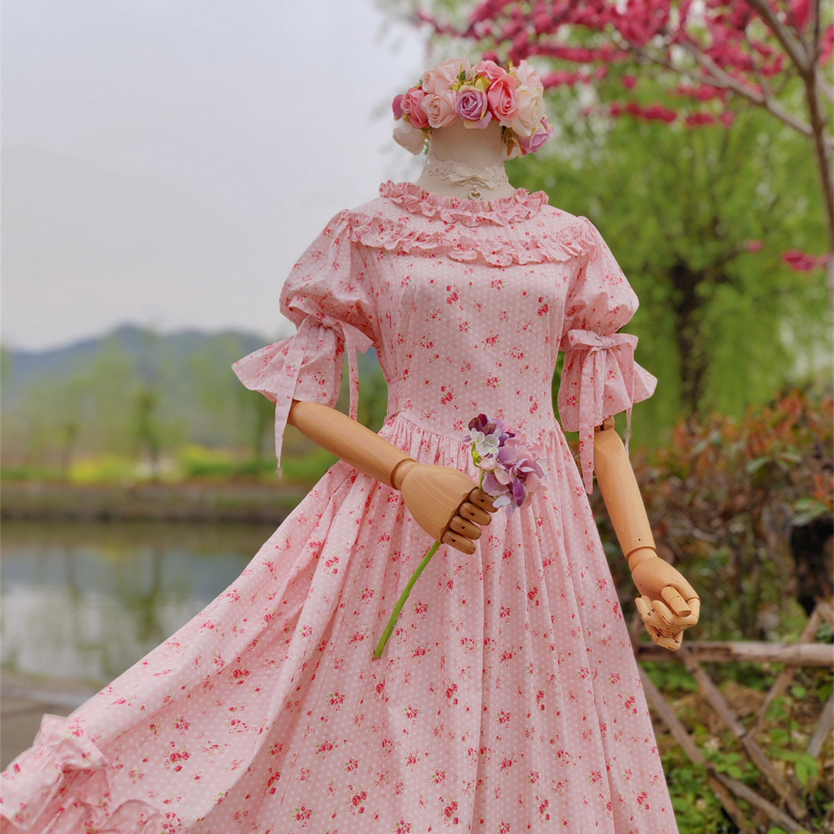 兔子大人｜手作服 vintage古董绑带袖洋装甜美木耳边领连衣裙长款