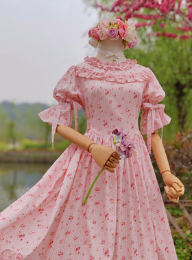 兔子大人｜手作服 vintage古董绑带袖洋装甜美木耳边领连衣裙长款