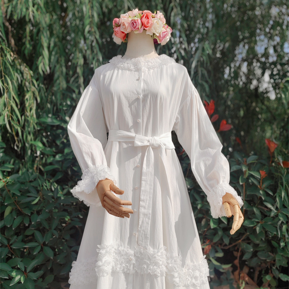 兔子大人|手作服 vintage多层蕾丝拼接复古白色纯棉罩衫连衣裙