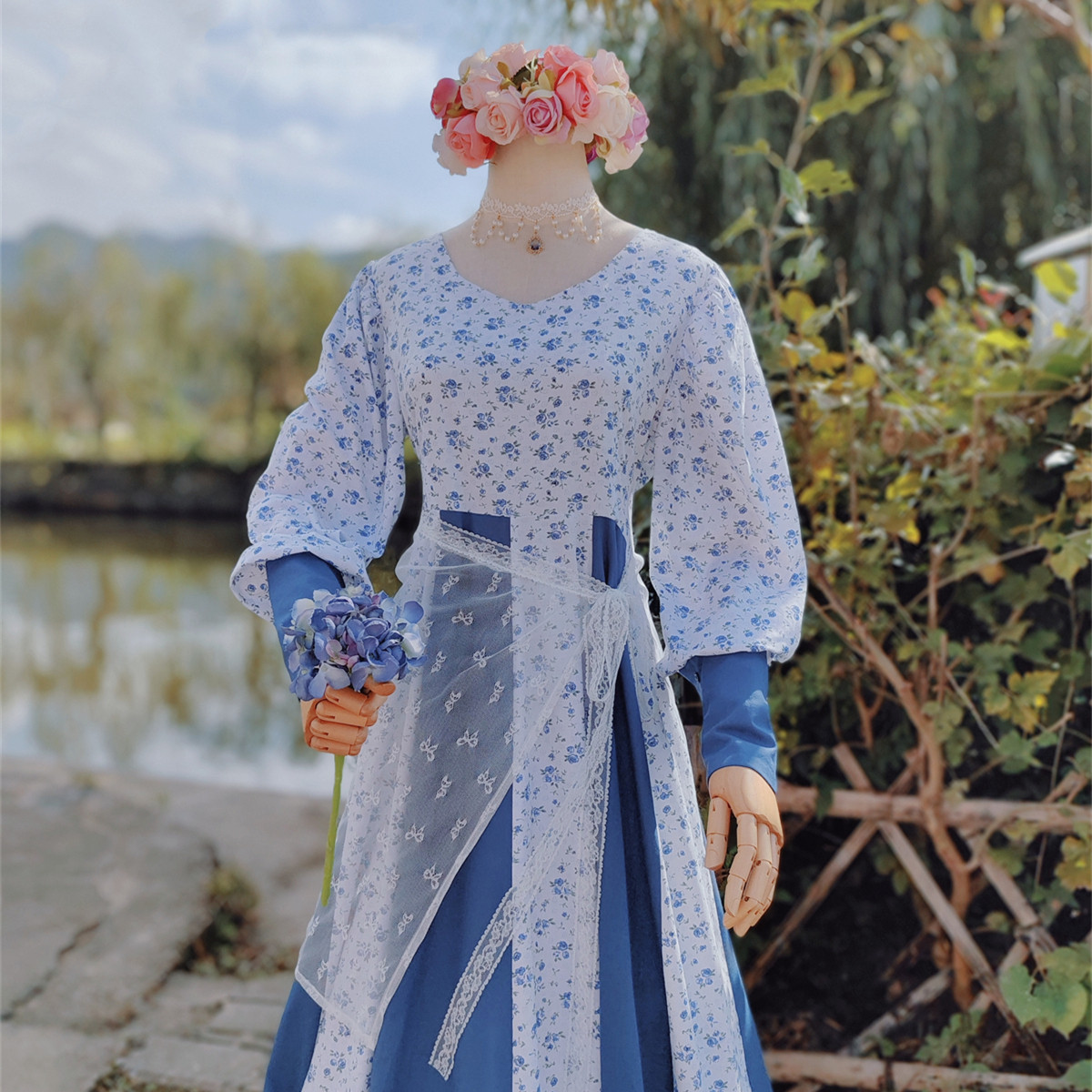 兔子大人|手作服 vintage复古蓝色花布拼接羊腿袖连衣裙 配围裙