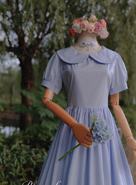 兔子大人｜手作服 府绸棉 清冷感蓝色复古娃娃领短袖大摆连衣裙