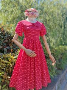 兔子大人｜手作服 短款 vintage古着风红色波点可爱娃娃领连衣裙