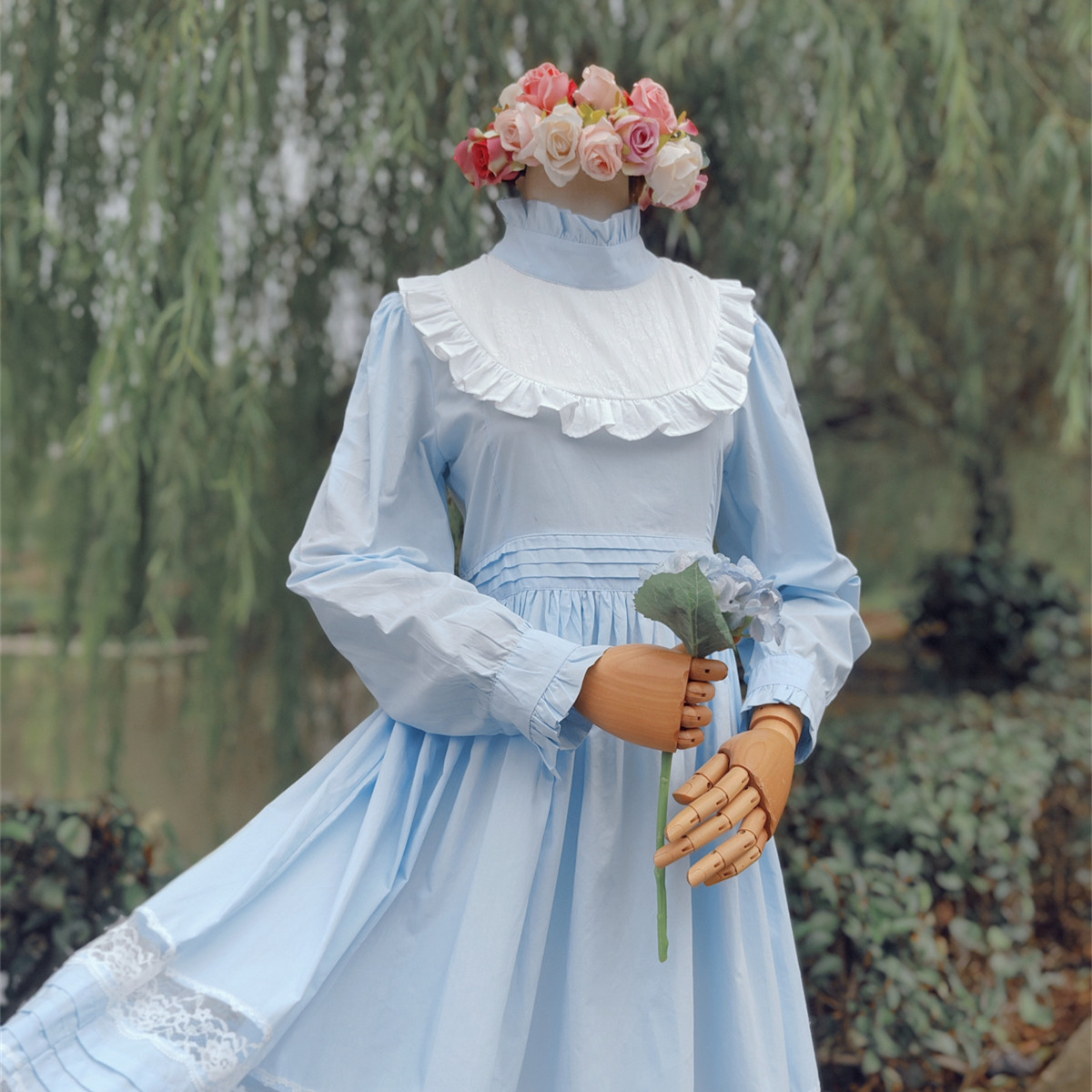 兔子大人|手作服 vintage复古蓝色纯棉蕾丝拼接立领长袖连衣裙
