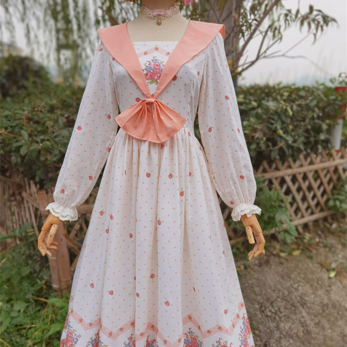 兔子大人|手作服 vintage古着风格复古甜美翻领长袖棉纱连衣裙