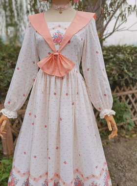 兔子大人｜手作服 vintage古着风格复古甜美翻领长袖棉纱连衣裙
