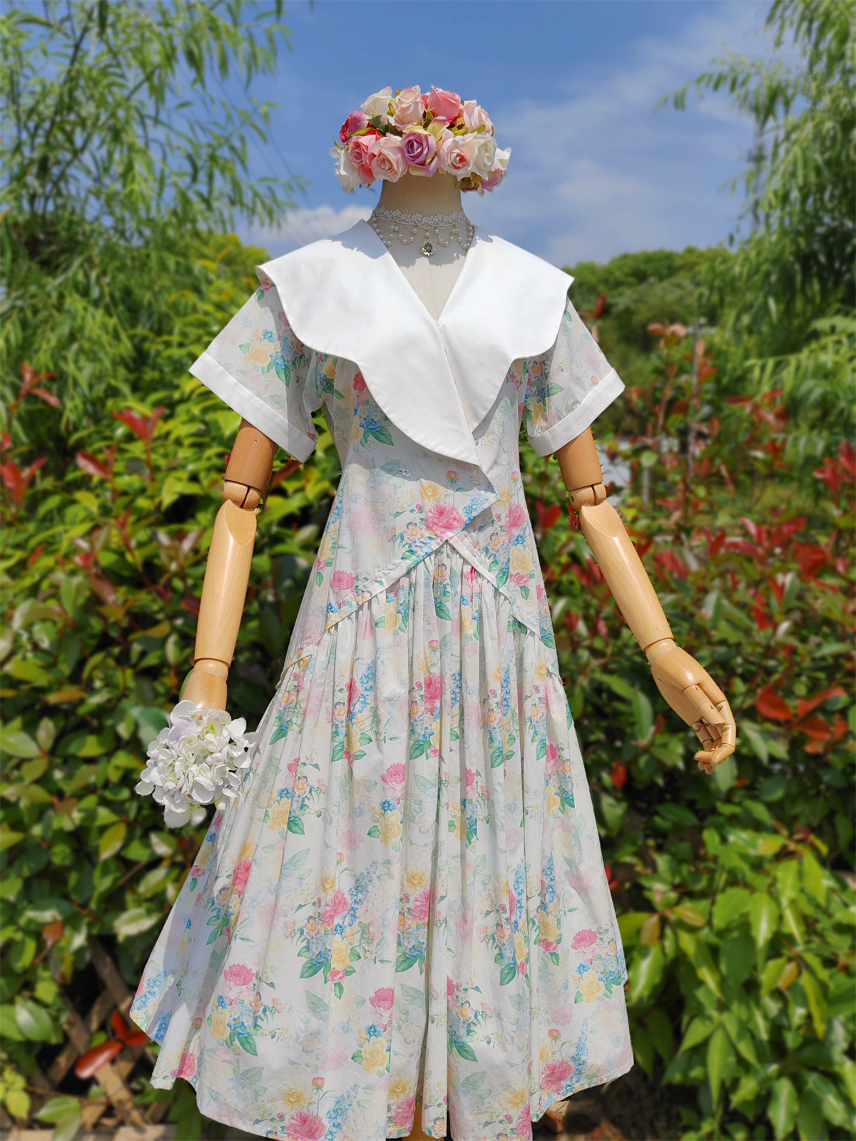 兔子大人｜手作服 vintage古着风大披肩领美式大花洋装短袖连衣裙