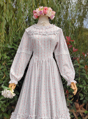 兔子大人｜手作服 vintage古董花墙洋装甜美木耳边领连衣裙长袖