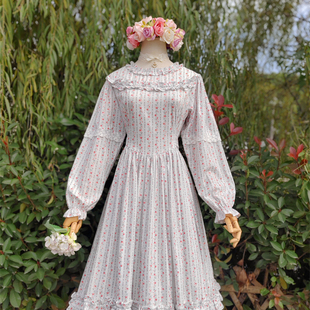 兔子大人｜手作服 甜美木耳邊領(lǐng)連衣裙長袖 vintage古董花墻洋裝